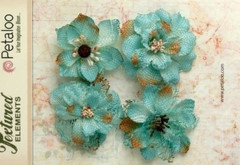 Burlap Flowers 4 x TEAL Approx 55-60mm across & varied centres Petaloo BUR K