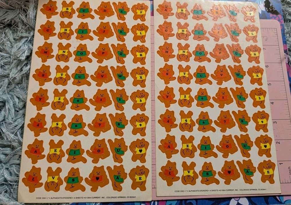 Vintage Current Inc Stickers Alphacats Sticker Sheet Lot 2 Sheets (Creases) READ