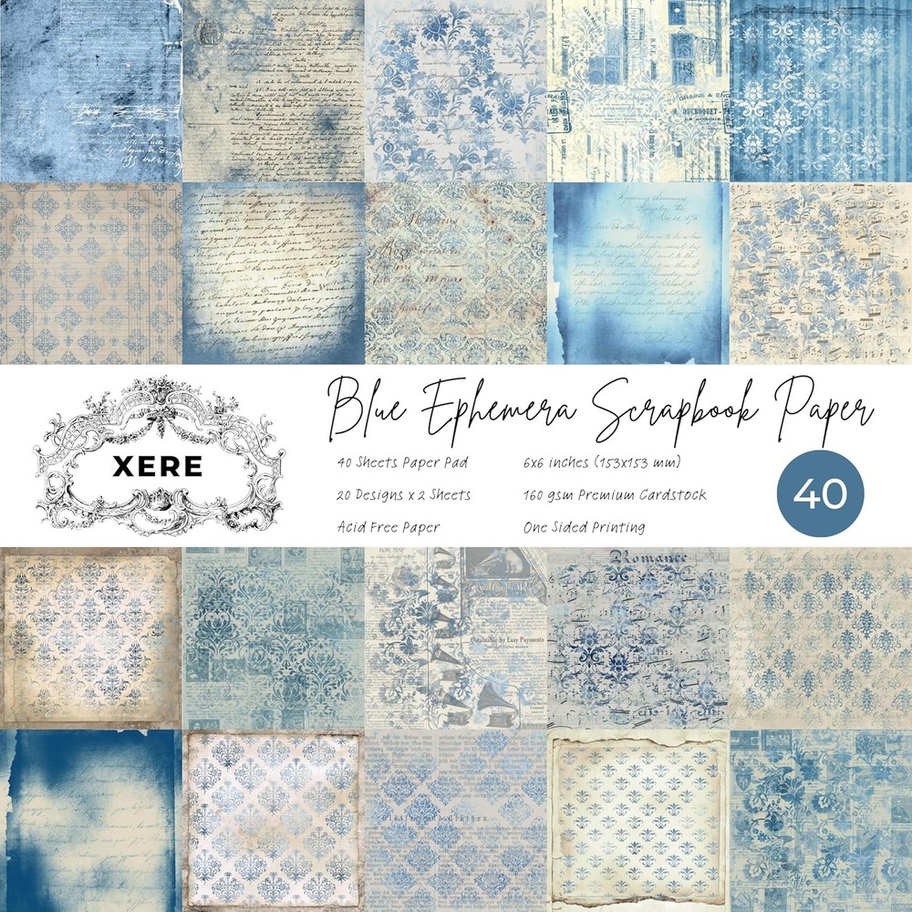 XERE 40 Sheets Blue Scrapbook Paper, 6×6 Ephemera Pattern Paper Pack for Journal