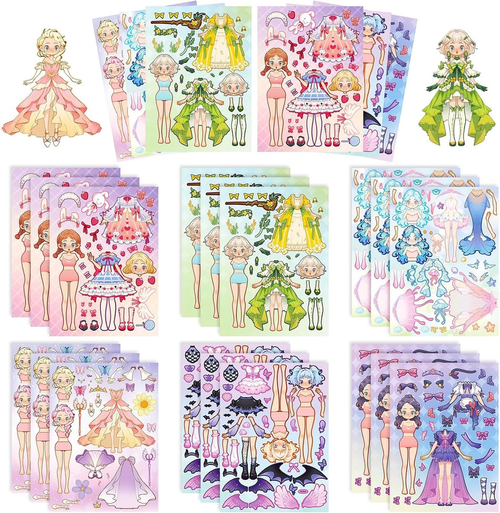 18 Princess Dress-Up Stickers for Kids Party Favors and Art Craft (Green)