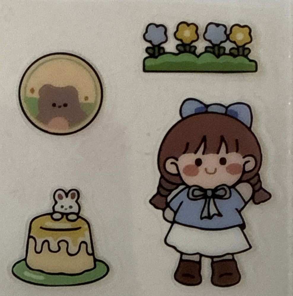 LITTLE GIRL W/CAKE Mylar Stickers(4pc)Kid•Bunny Rabbit•Flowers•Bear•Card Making•