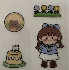 LITTLE GIRL W/CAKE Mylar Stickers(4pc)Kid•Bunny Rabbit•Flowers•Bear•Card Making•