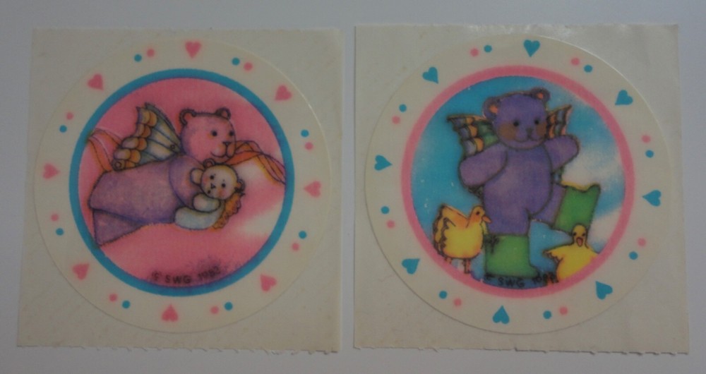 (2) Vintage 1980s Angel Bear Unused Mod Stickers Small World Greetings 1984