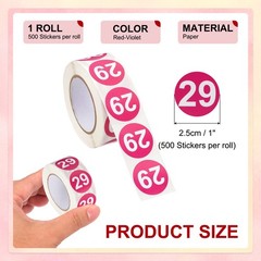 Number 29 Stickers 1″ Round Coded Self-Adhesive Labels Red-Violet 500Pcs/Roll