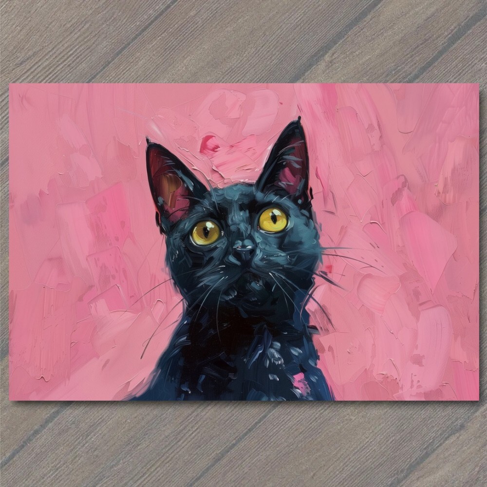 STICKER Black Cat Yellow Eyes Pink Pet Background Painting Cute Fun Feline