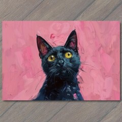 STICKER Black Cat Yellow Eyes Pink Pet Background Painting Cute Fun Feline