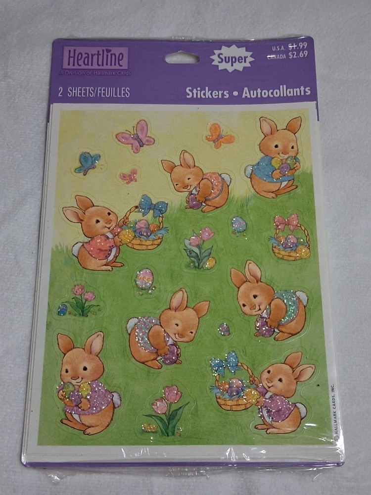 Vintage Pack of Heartline Hallmark Easter Stickers Bunnies with Baskets