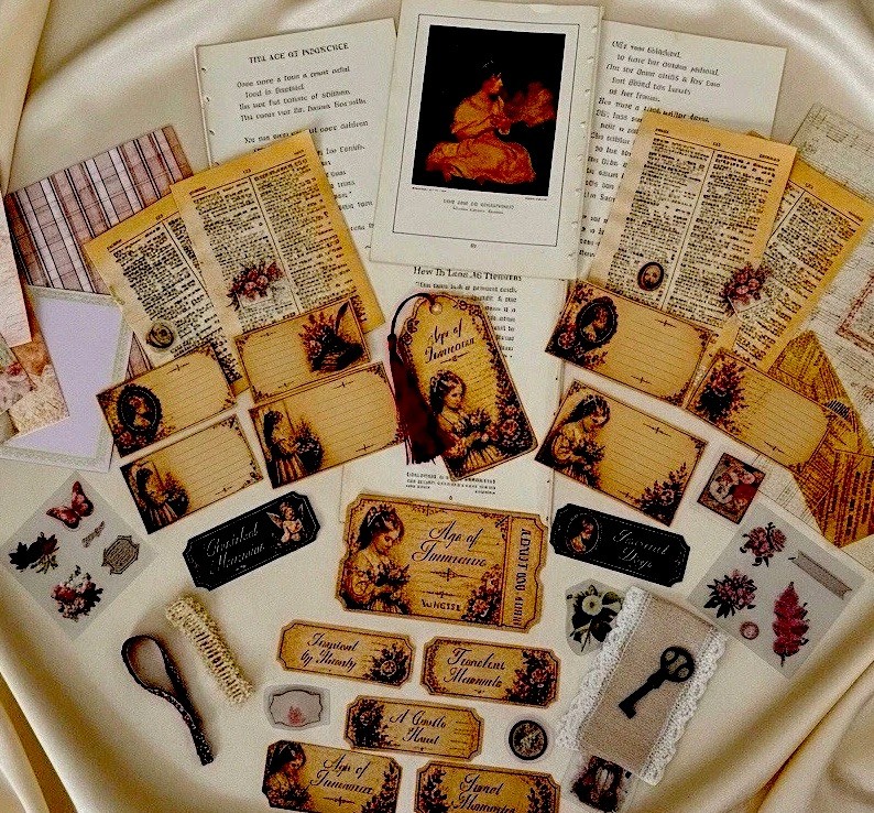 Vintage Victorian Junk Journal Kit Ephemera Bundle Tags Papers Lace 60+ Pieces