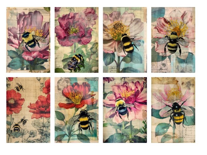 8 Bees And Flowers Tags Junk Journal Scrapbook USA Seller