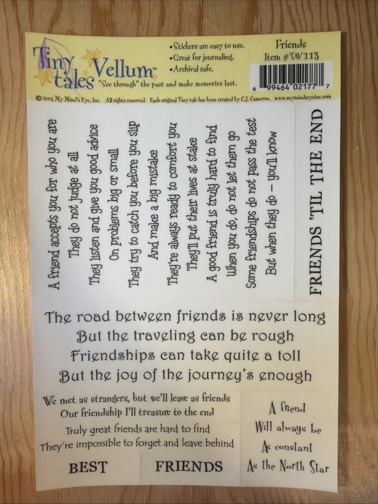 Friends Words & Phrases Vellum Sticker Sheet Scrapbook Craft Stickers