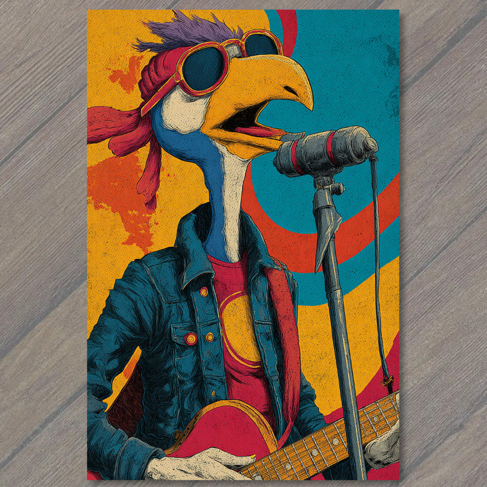 STICKER Rock Star Bird Singing Guitar Microphone Retro Colorful Psychedelic Fu
