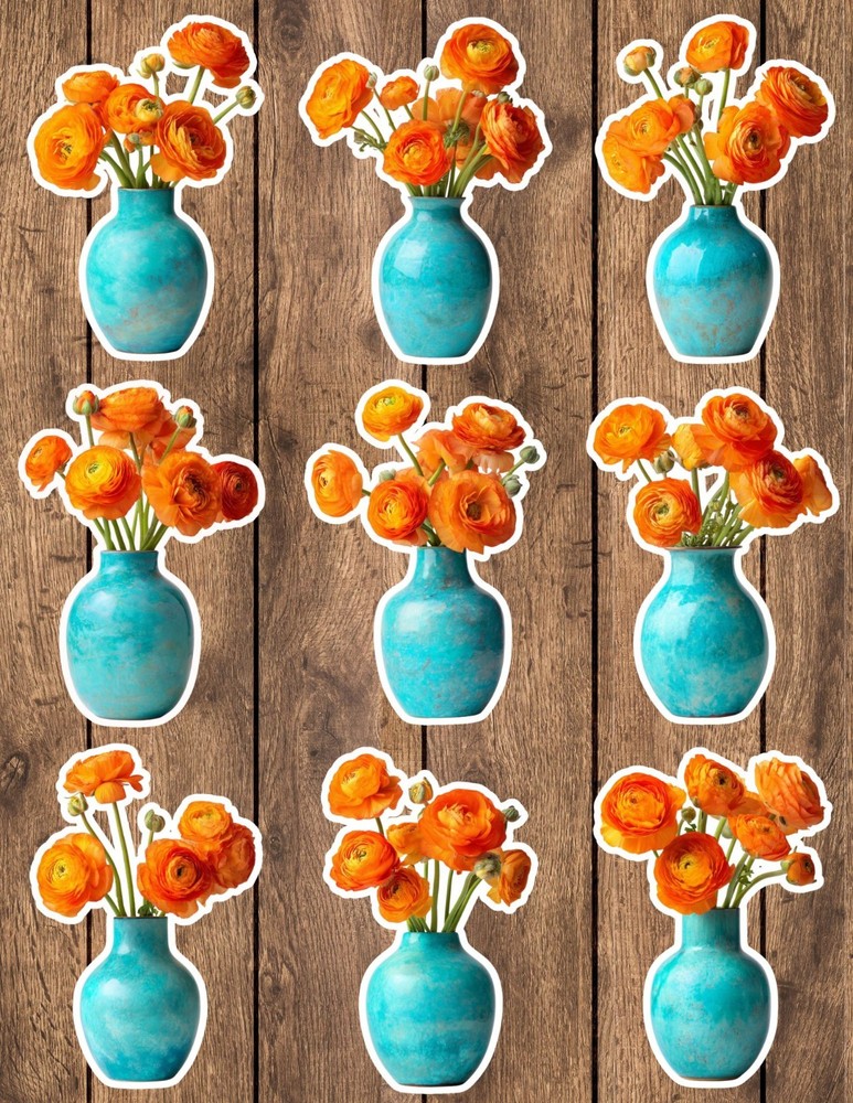 Orange Ranunculus in Vase Vinyl Stickers Set Scrapbooking Laptop Water Bottle