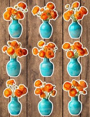 Orange Ranunculus in Vase Vinyl Stickers Set Scrapbooking Laptop Water Bottle
