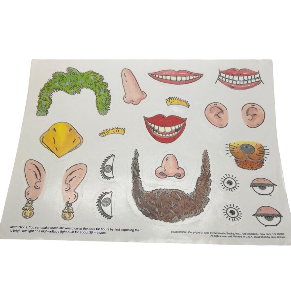 Vintage 1987 Scholastic Glow In The Dark Face Parts Stickers 11″ x 8.5″ Unused