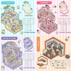4 Sets Big DIY 3D Sticker Scene Isometric Miniature Room Book Kids House Sticker