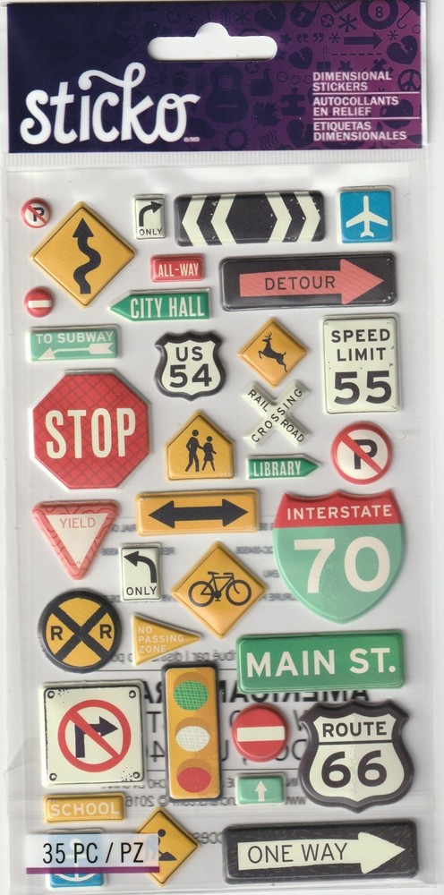 NEW! Sticko ROAD SIGNS theme 3-D puffy vinyl stickers 93917 Fast FREE ship!