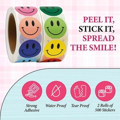 1000PCS Multi-Color Smiley Face Stickers 1 Inch – 2 Rolls of 500 Happy Face L…