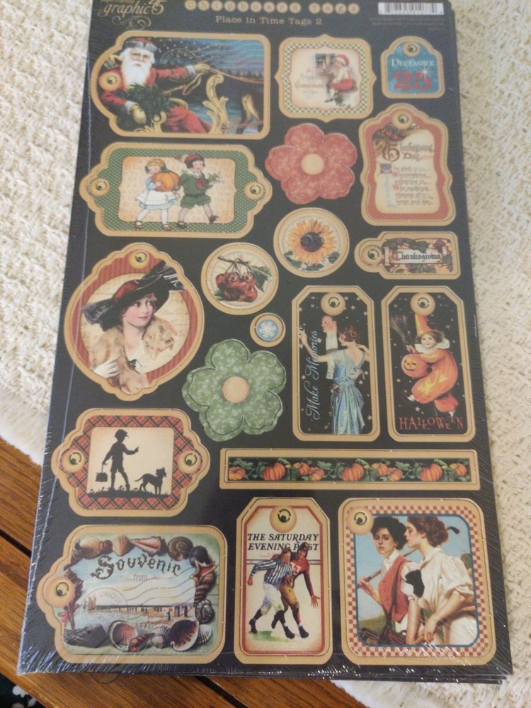 RETIRED Graphic45 PLACE IN TIME TAGS #2 (19PC) CHIPBOARD ACCENTS scrapbooking