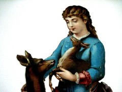 Adorable Large Vintage Die Cut of 1800’s Girl w/ Mother Deer & Fawn *