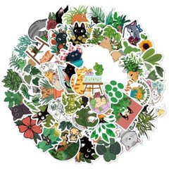 50pcs Cat And Plant Sticker, Cut Cat, water bottle laptop Waterproof, 129