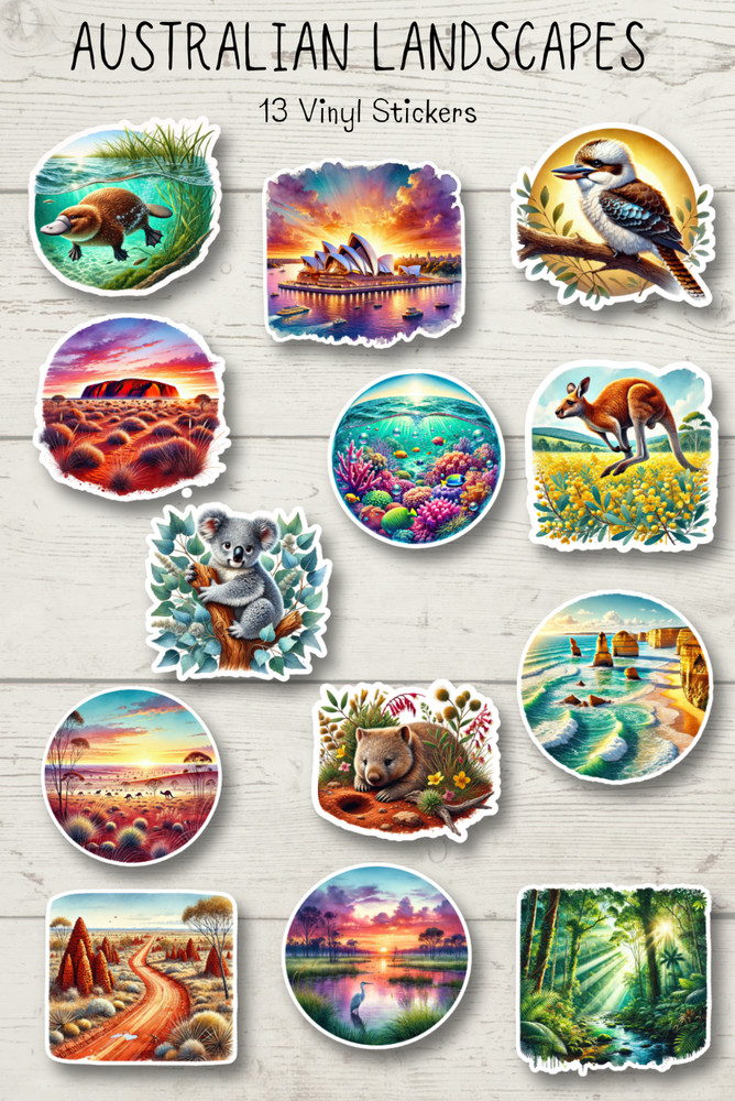13 pcs Australian Landscapes and Animals vinyl stickers Glossy or Matte