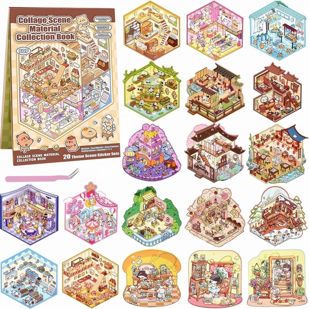 20 Sets 3D Sticker Scenes, Miniature House Book for Sticker Therapy, Cute Cartoo