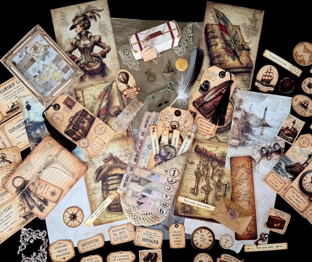 Vintage Explorer Junk Journal Kit Travel Ephemera Handmade Folio 93 Pieces