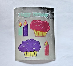 Vtg City Sticker Foil Mylar Happy Birthday Cupcakes Stickers on a Roll 80s Mod