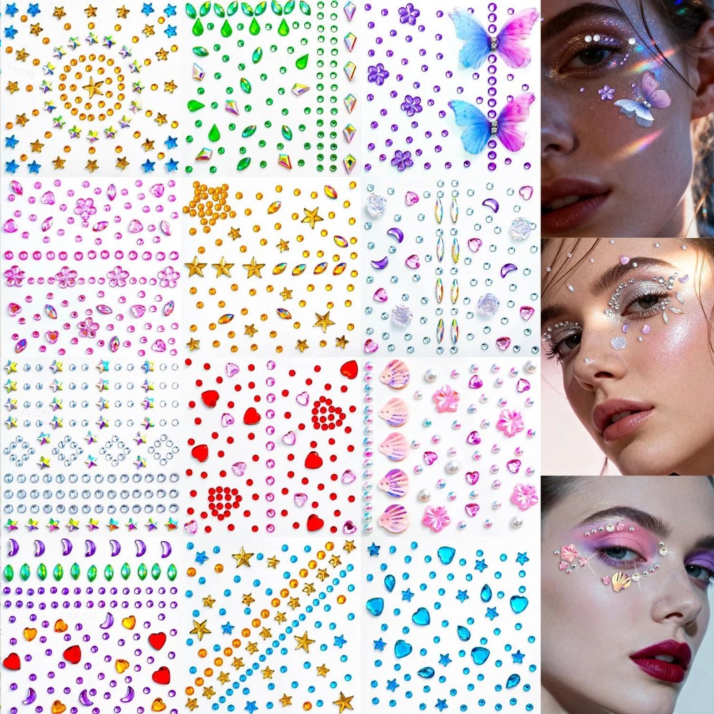 Face Gem Stickers,12 Sheets Self-Adhesive Face Rhinestones for Makeup,Acrylic Bl