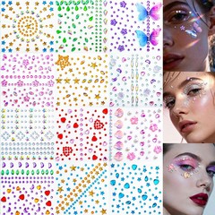 Face Gem Stickers,12 Sheets Self-Adhesive Face Rhinestones for Makeup,Acrylic Bl
