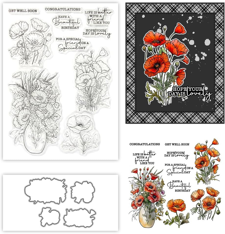 Spring Summer Blooming Flowers Floral in Vase Clear Stamps and Cutting Dies Set