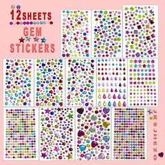 12 Sheets 1596Pcs Gem Stickers Colorful Sparkle Craft Supplies, Bright 3D Rhines