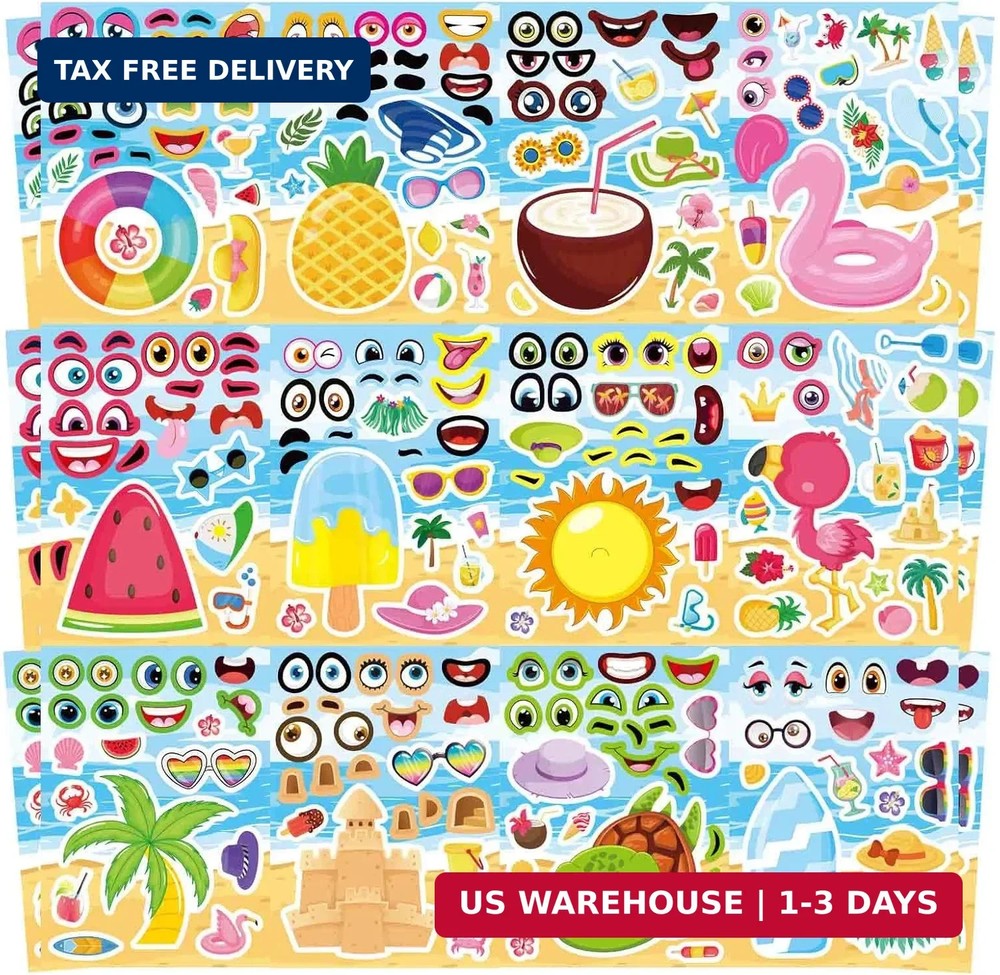 24 Sheets Summer Stickers, Make a Face Sticker for Kids, Hawaii Tropical Pool Be