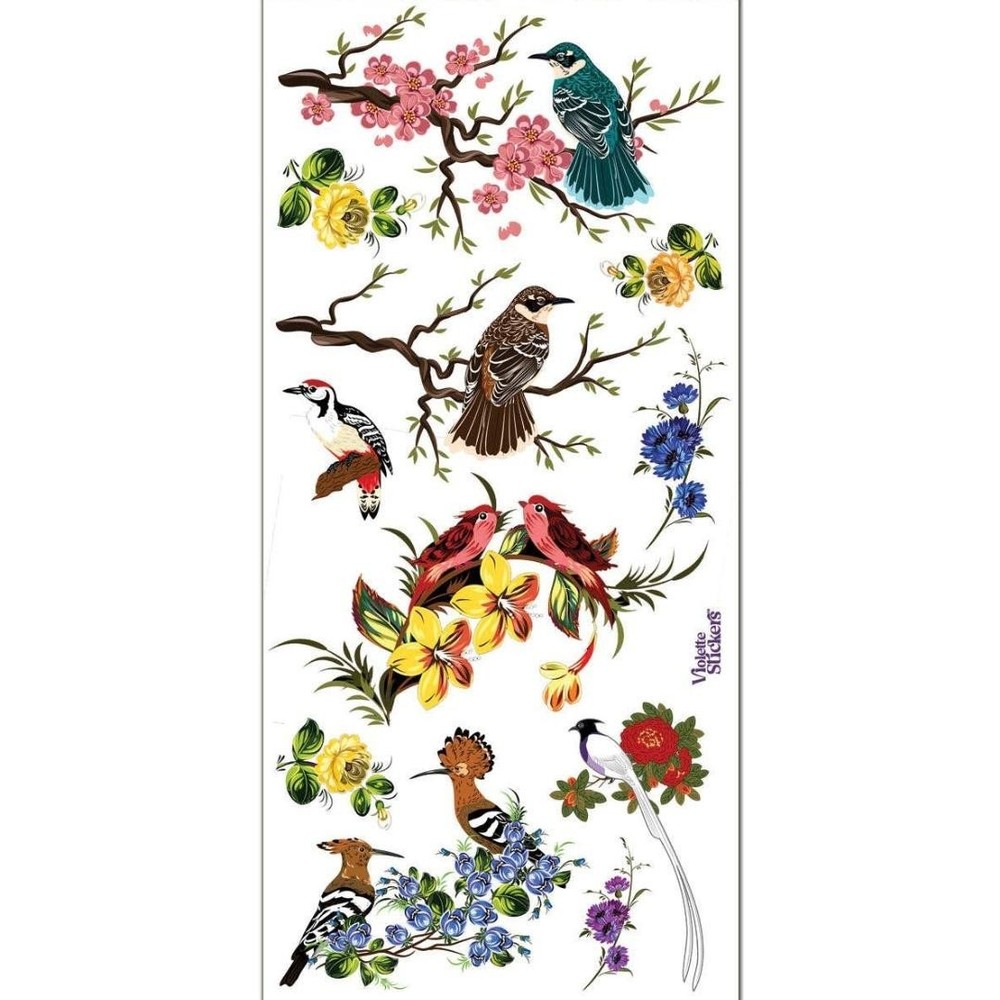 Violette Stickers – Birds – 1 Oriental Bird & Flower Sticker Sheet – Scrapbooks