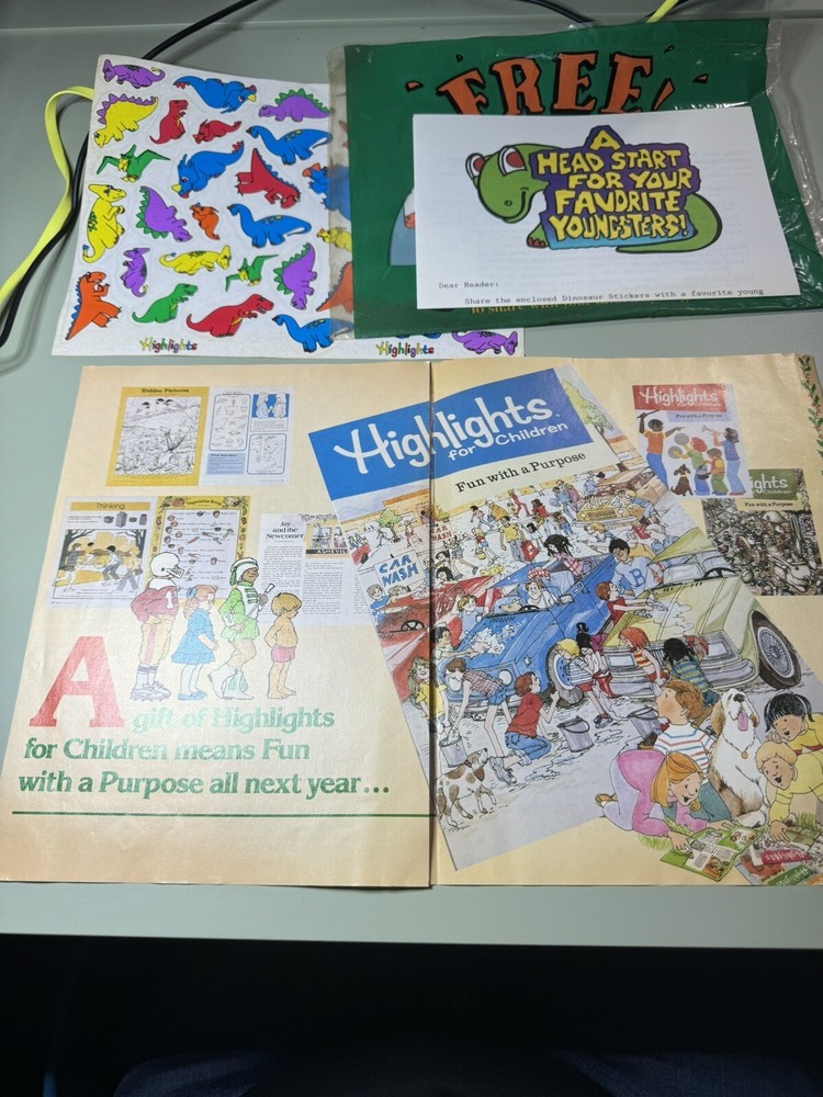 Dinosaur Stickers Vintage 1990s Highlights Reading Book Club 8×11″ 90s