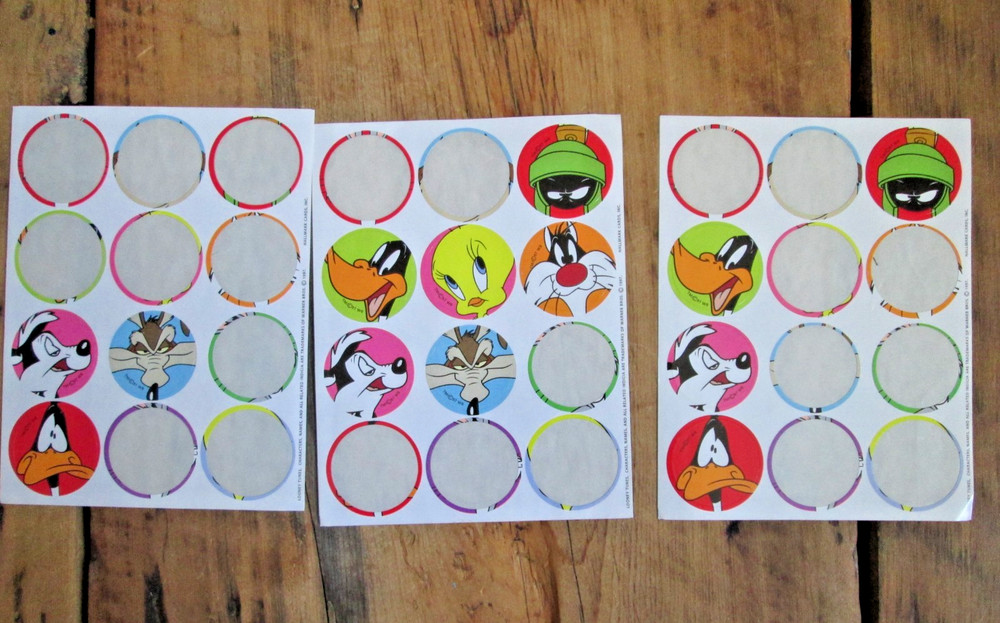 Vintage Hallmark 1997 Used Looney Tunes Warner Sticker Sheet Lot Stickers Round