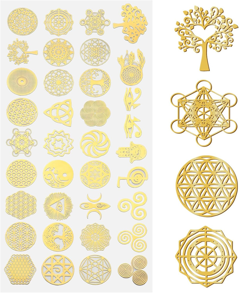 35 Pcs Gold Flower of Life Metal Stickers Sacred Geometry for Art DIY Crafts