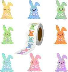 500PCS Easter Bunny Stickers Roll Holographic Glitter Egg Decals for Crafts