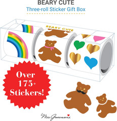 Beary Cute 3-Roll Sticker Gift Box with over 175 Premium Stickers with Bears, Ra