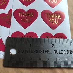75 Heart Shaped Thank You Stickers On Glossy Hot Pink Paper With Gold Lettering