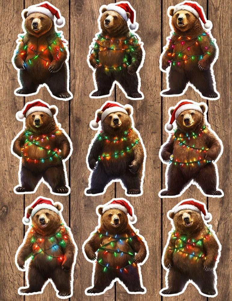 Christmas Lights Bear Die Cut Stickers Set Scrapbooking Laptop Waterbottle