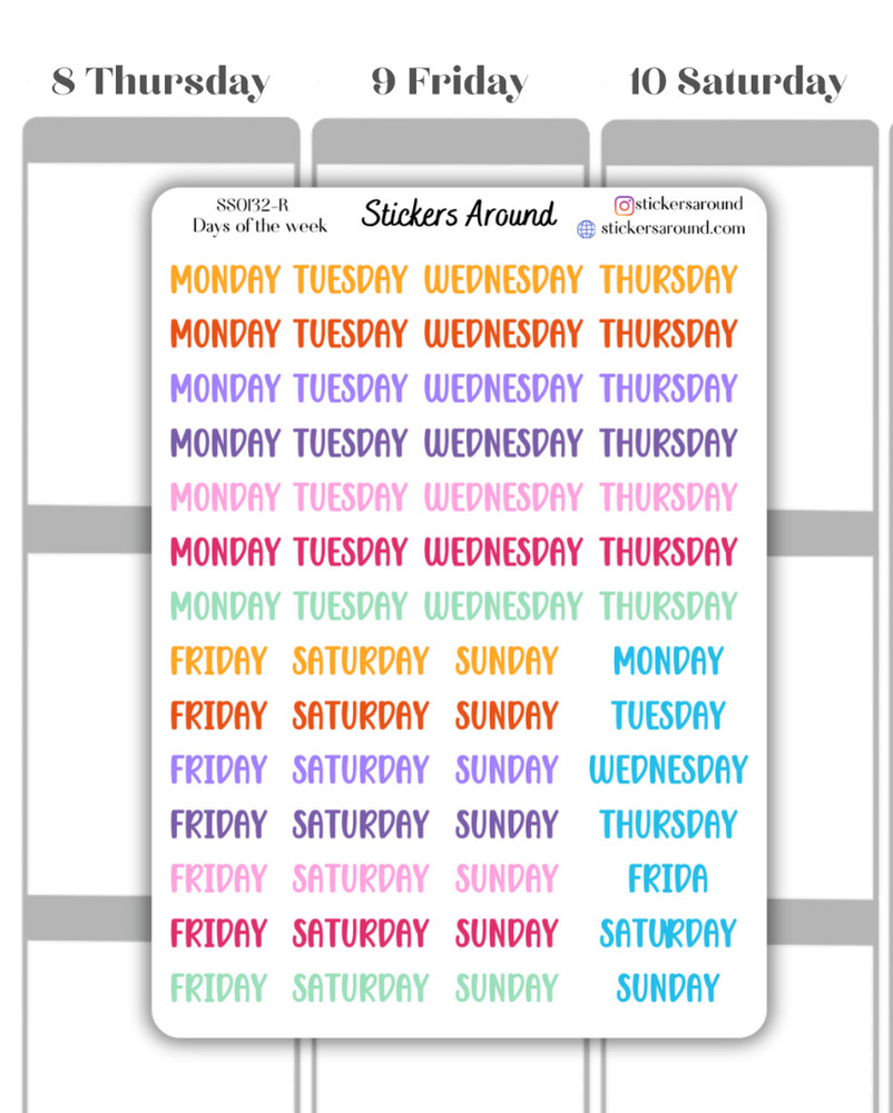 Small Rainbow Days of the Week Script Planner Sticker, Journaling Stickers