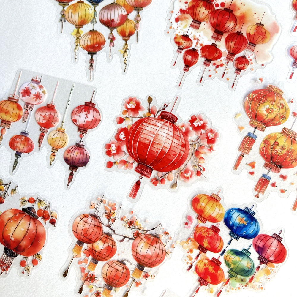 Red Lantern Stickers Gold Foil Scrapbook Junk Journal Collage