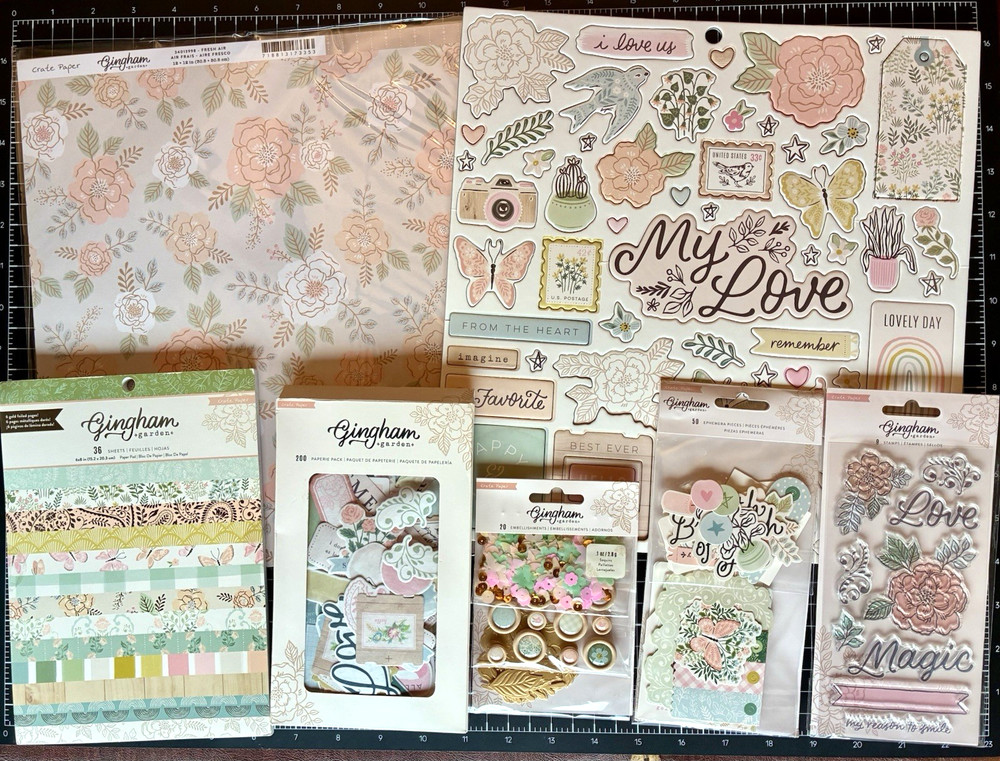 Crate Paper GINGHAM GARDEN Paperie, 6×8 12×12 Paper, Stamps, Ephemera Chipboard
