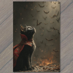 STICKER Black Cat Vampire Red Cape Bats Fire Halloween Atmosphere