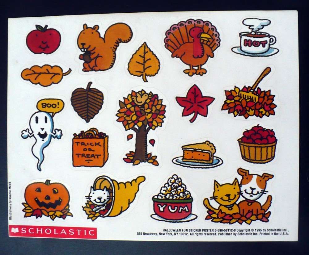 1995 SCHOLASTIC HALLOWEEN THANKSGIVING FALL 18 STICKERS 1 SHEET 8 1/2″ x 11″