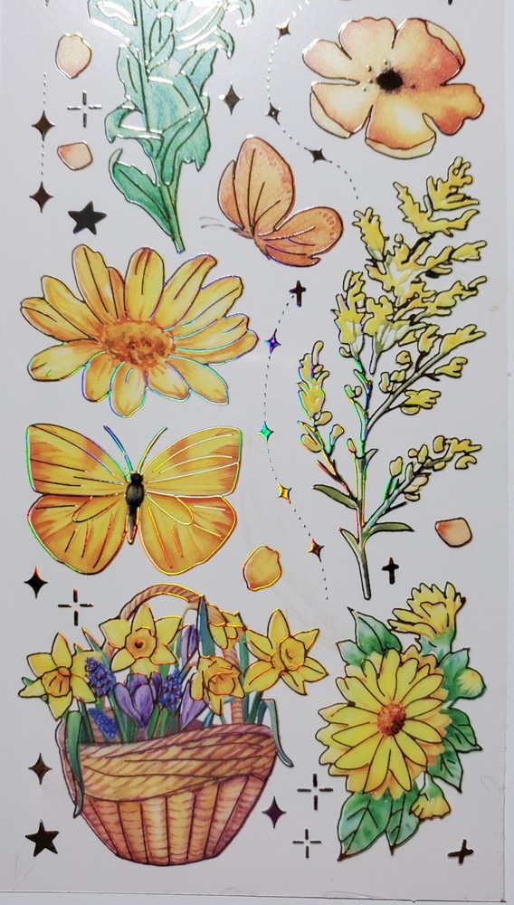 Orange & Yellow Floral stickers with holographic gold accents. 3 sheets. You cut