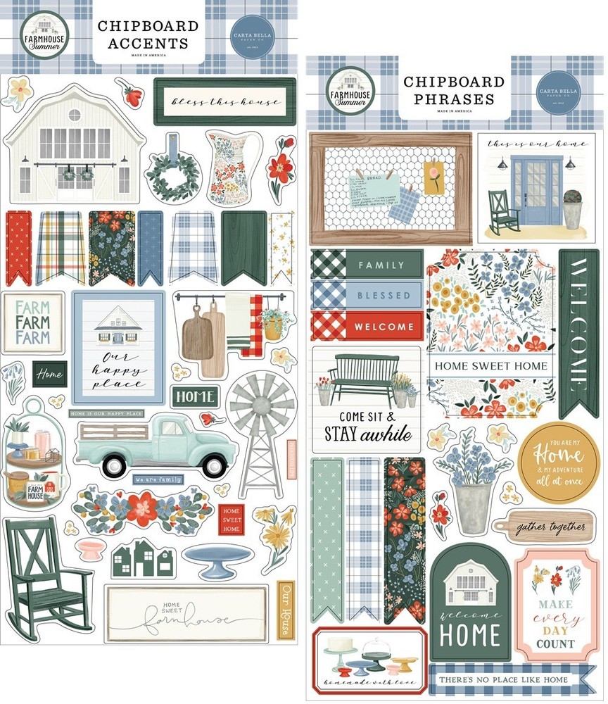 Carta Bella FARMHOUSE SUMMER (2) 6″x13″ Chipboard COMBO Accents + Phrases