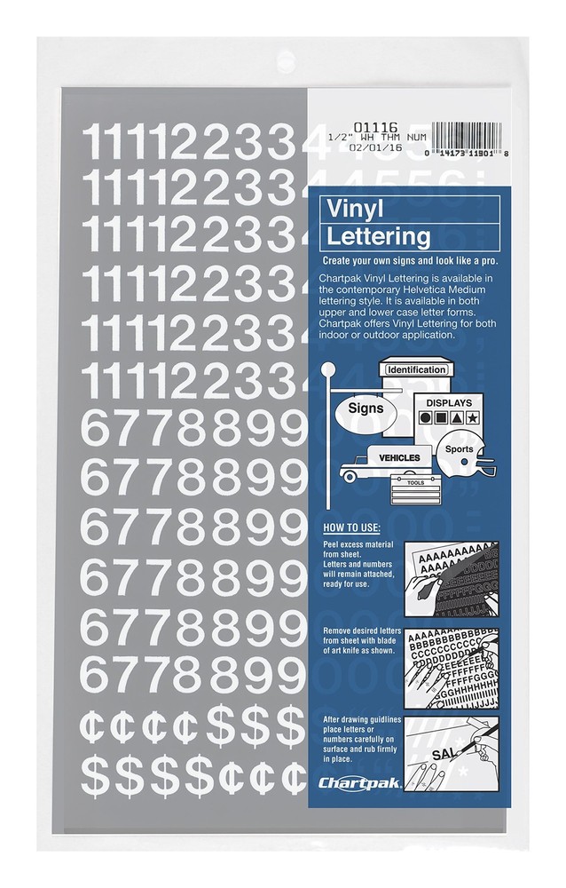 CHARTPAK Self-Adhesive Vinyl Numbers, 1/2 Inch High, White, 210 per Pack (01116)