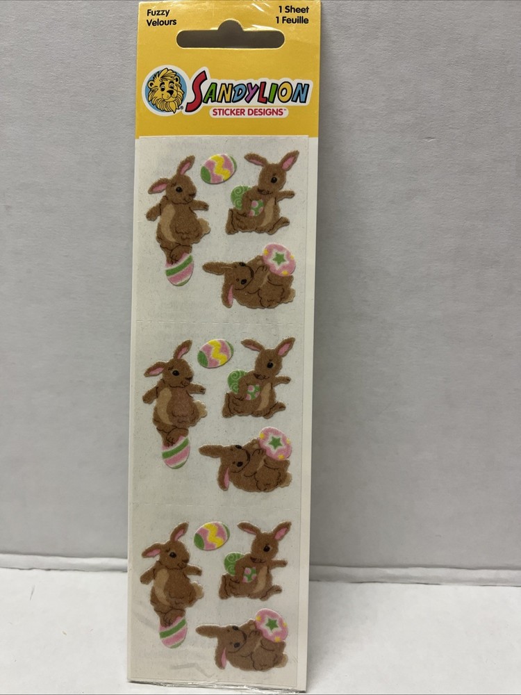 Vintage Sandylion Fuzzy Sticker Sheet Easter Theme Brown Easter Bunny Egg Sealed